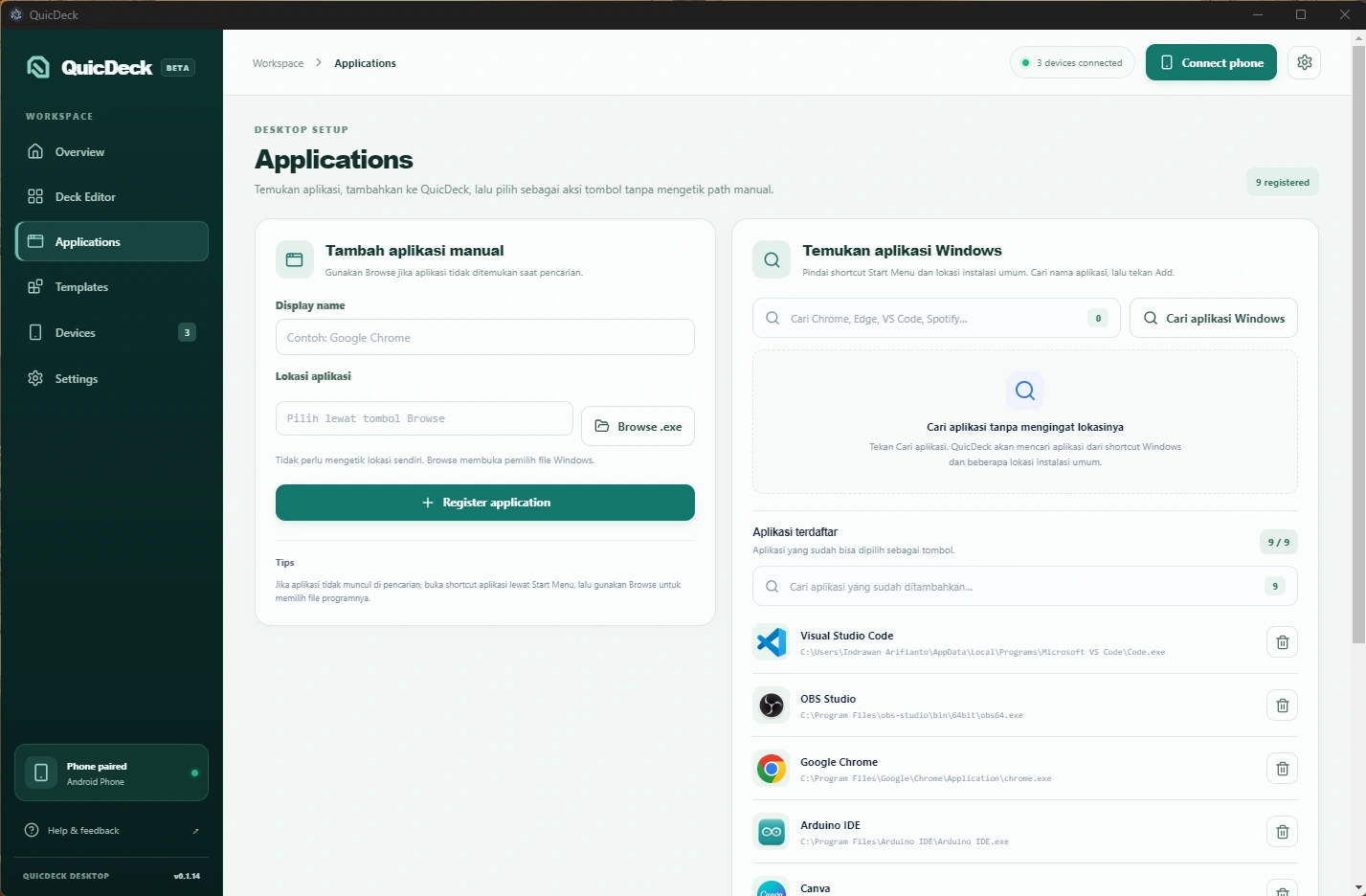 Screenshot asli halaman Applications QuicDeck Desktop, untuk mencari dan mendaftarkan aplikasi Windows