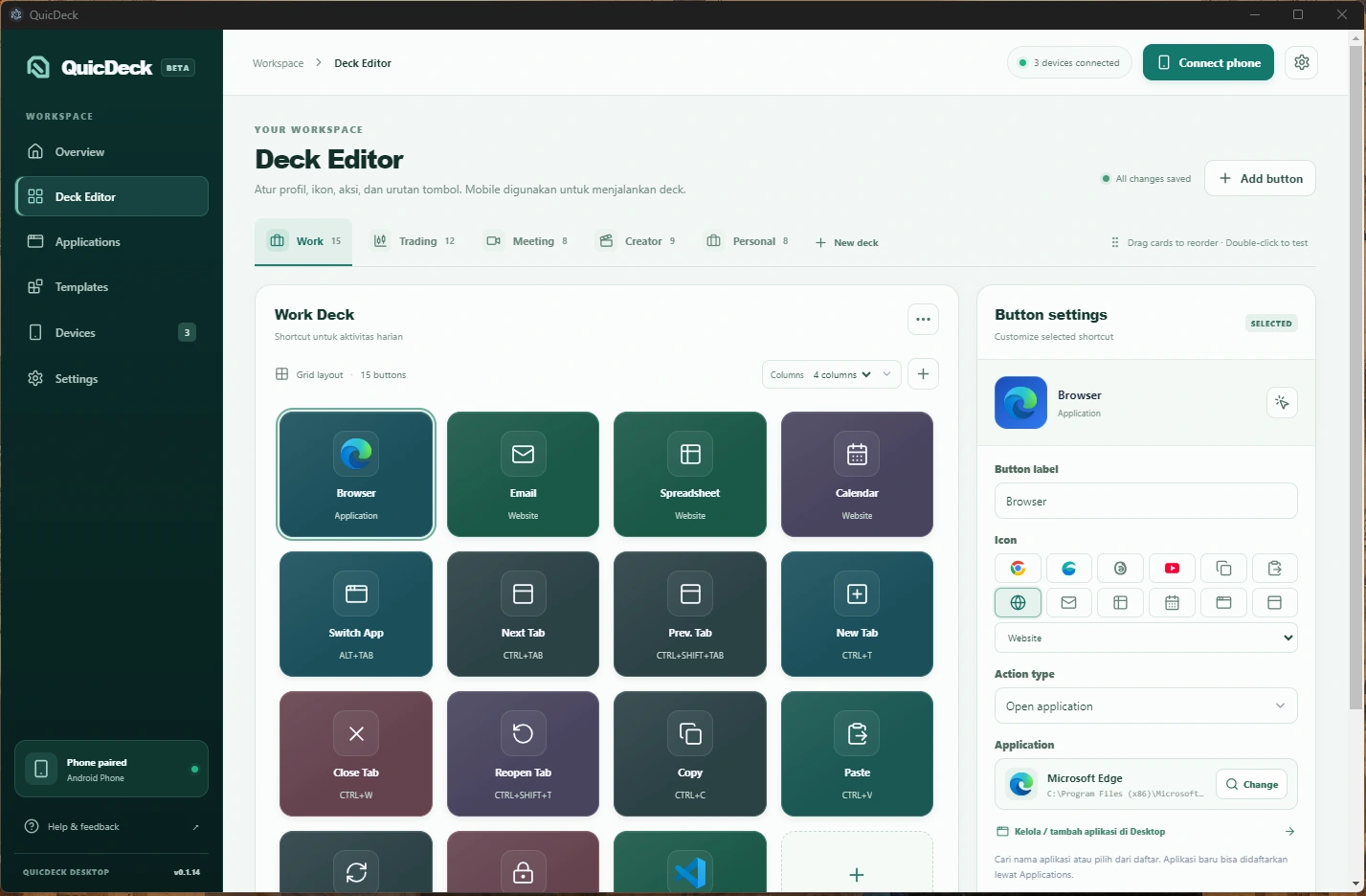 Screenshot asli jendela QuicDeck Desktop Deck Editor, menampilkan grid tombol Work dan panel pengaturan tombol terpilih