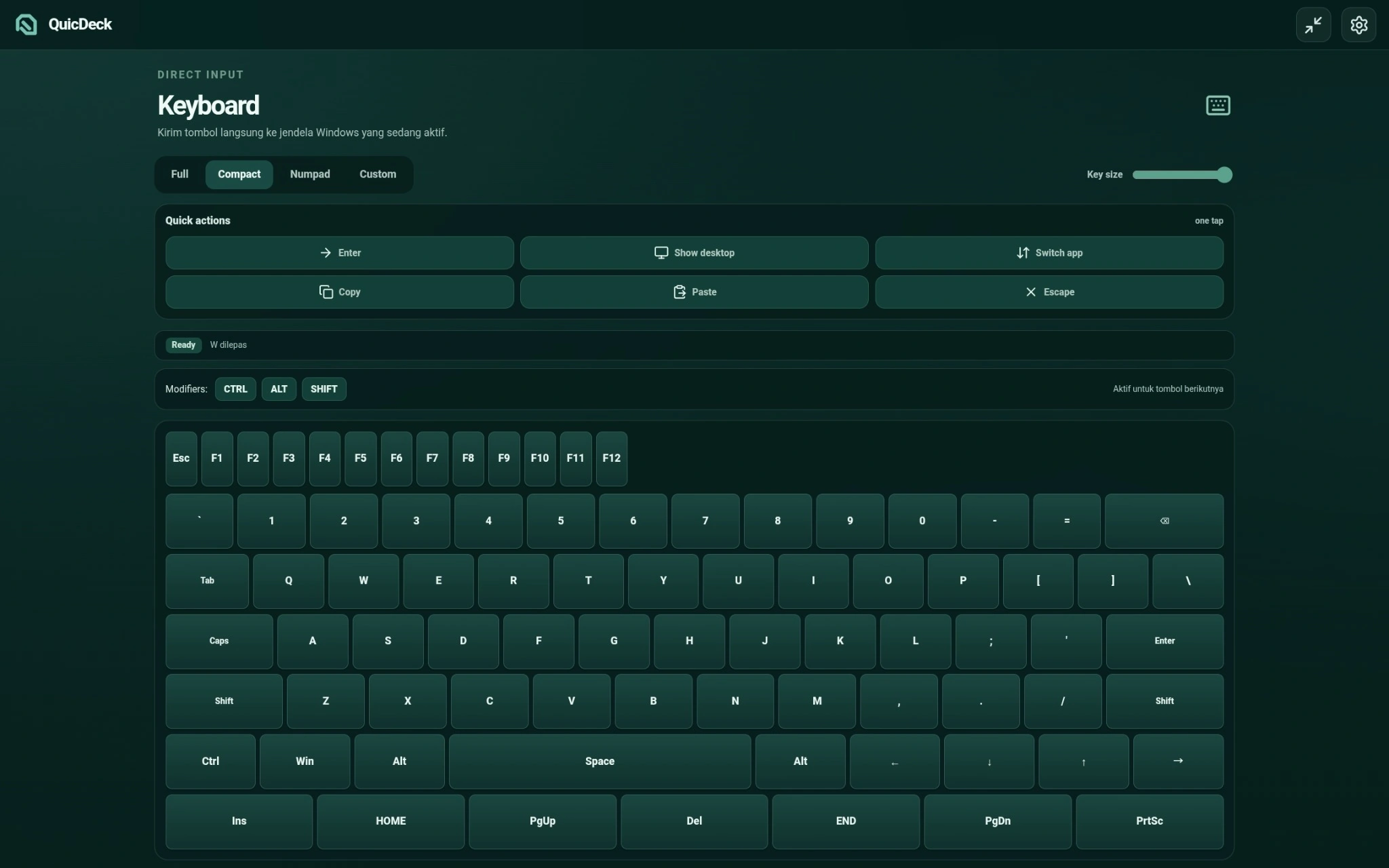Screenshot asli keyboard sentuh QuicDeck, dengan layout Full, Compact, Numpad, Custom, tombol fungsi, dan modifier