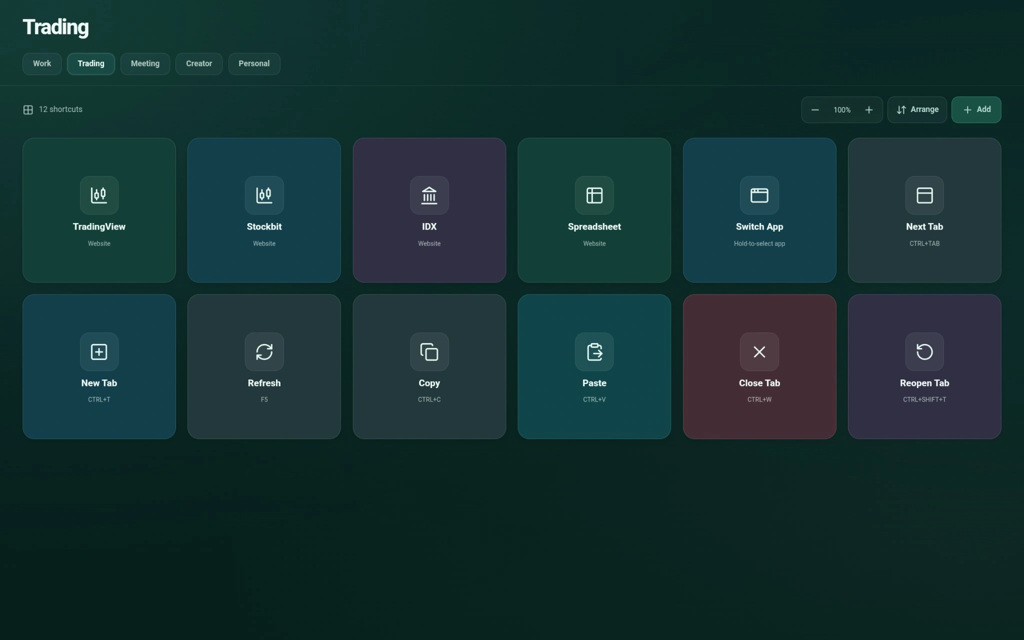 Screenshot asli profil Trading QuicDeck pada tablet landscape, menampilkan tombol TradingView, Stockbit, IDX, Spreadsheet, dan shortcut browser