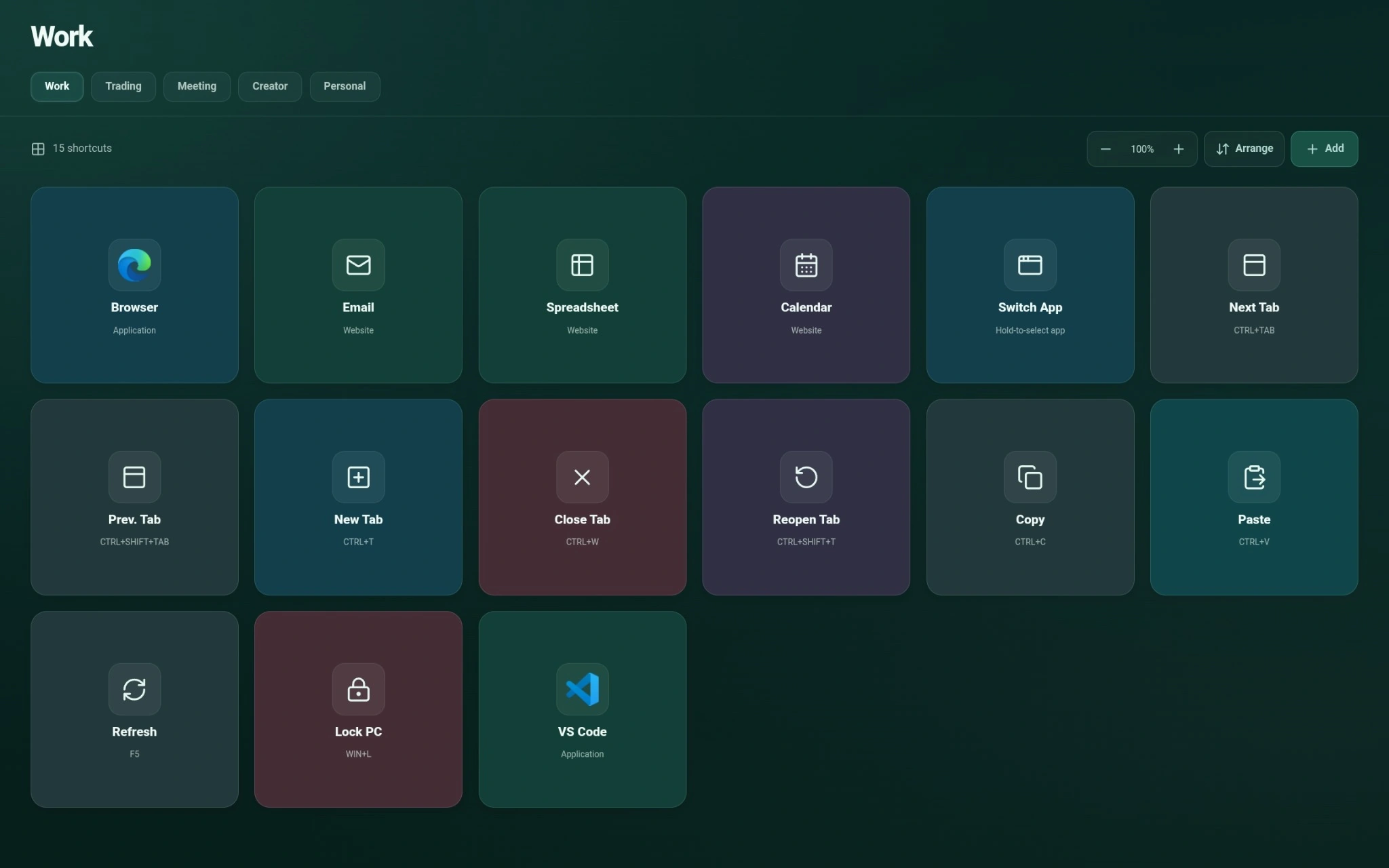 Screenshot asli deck Work QuicDeck pada tablet landscape, berisi tombol Browser, Email, Spreadsheet, Calendar, navigasi tab, Copy, dan Paste